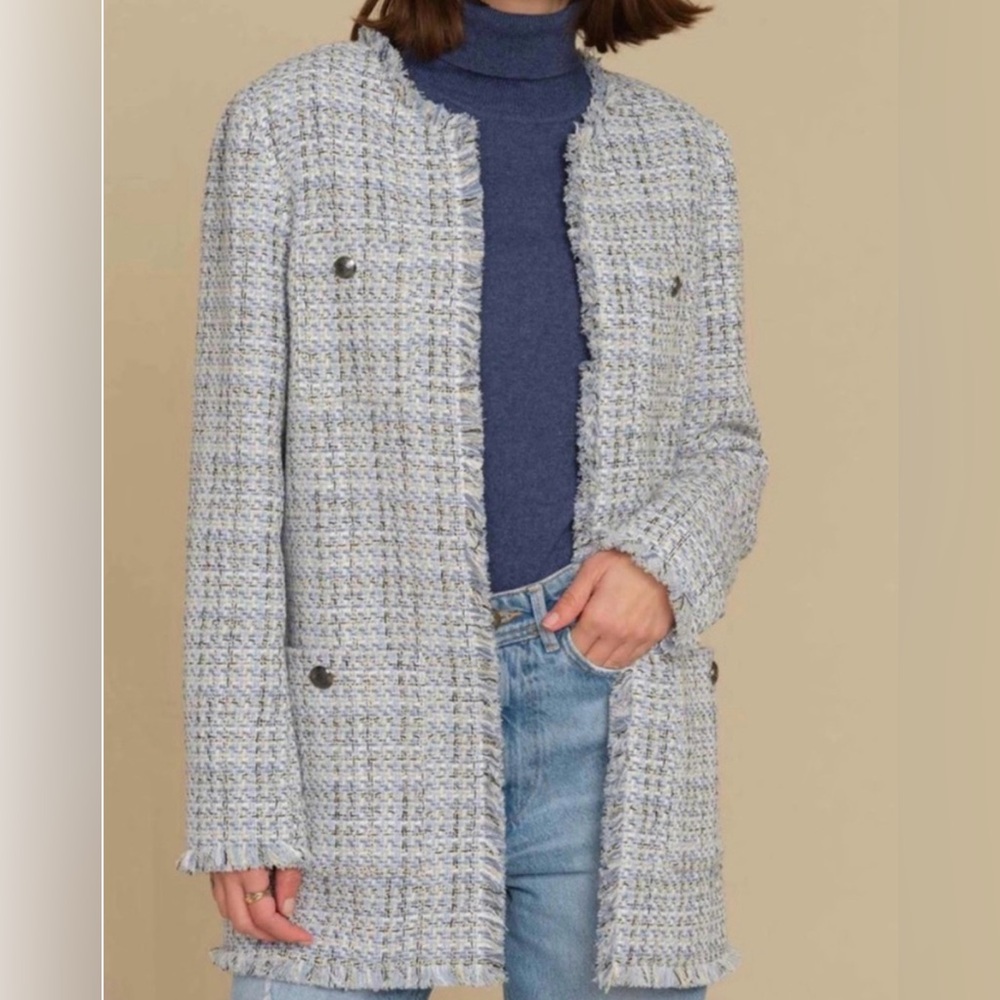 Elie Tahari blazer size large blue & white‎ tweed fringe edge blazer w/ pockets